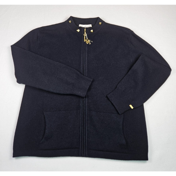 VTG St John Women Cashmere Cardigan Sweater Fox Fur Trim Hood Zip Jacket M Black - Picture 2 of 16